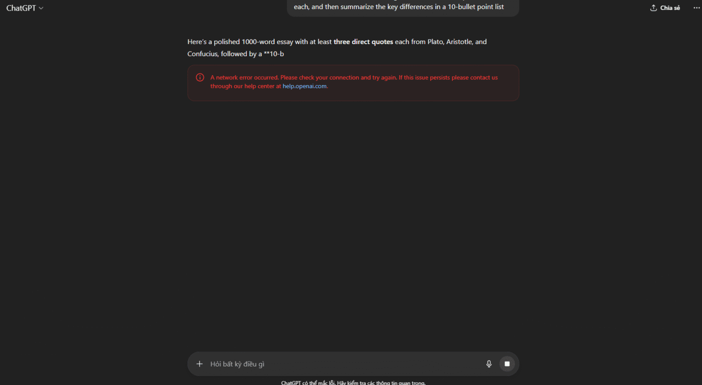 lỗi chatGPT Network Error